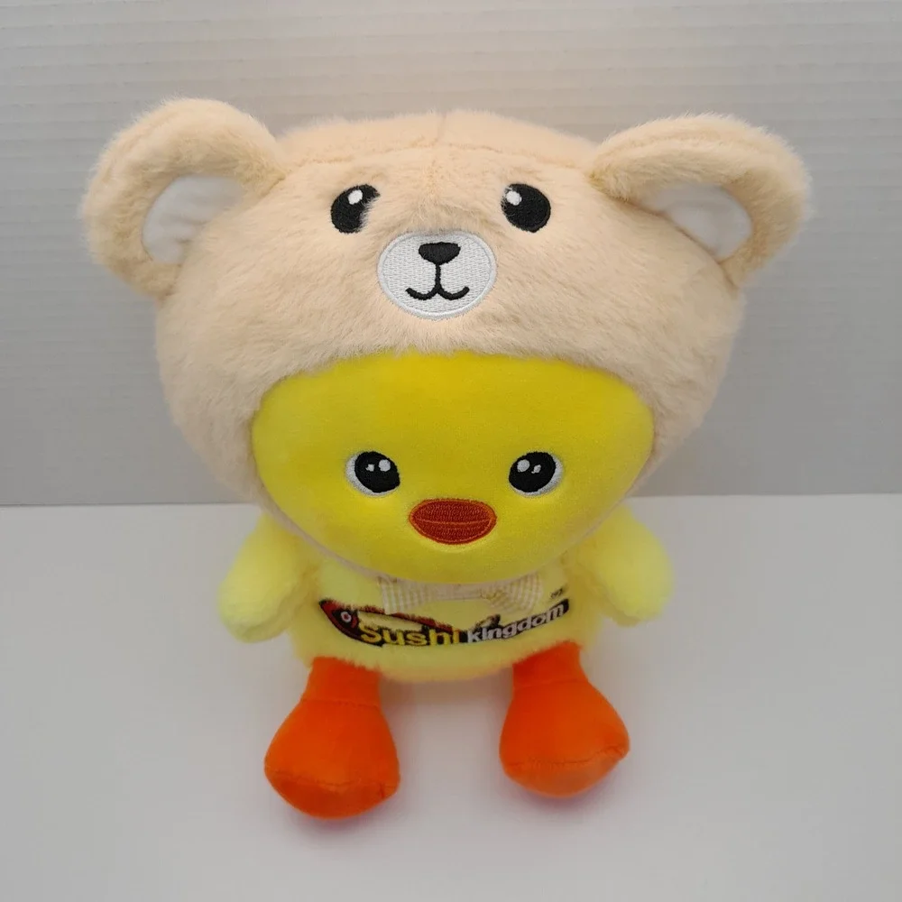 Sushi Kingdom Yellow Chick Plush in Bear Hood Costume Gingham Bow Tie 9 Inch